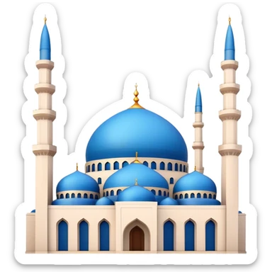 Cinematic Realistic Mohammad Al-Amin Mosque Landmark Emoji, showcasing its striking blue dome, towering minarets, and detailed Arabic calligraphy. sticker