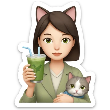 a brunette woman in here 30S drinking an iced matcha, carrying a grey cat and a map of the world sticker