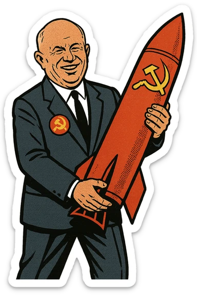 a full body of Soviet leader Nikita Khrushchev who is smiling and wearing a suit with a large communist badge. He is holding a soviet nuclear missile sticker