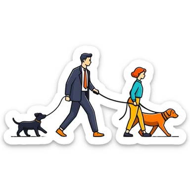 woman walking a man on leash who is on all fours sticker