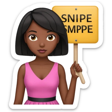Dark skin woman with black bob in hair holding sign that says snipe  wearing pink dress  sticker