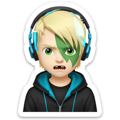 boy vampire whit blonde emo hair and eyes blue and GREEN SKIN and heandphones black AND A MICROFONE AND GOLD TEETH and agesive face and the hoodie black  sticker