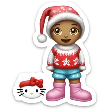 hello kitty wearing a hello kitty Christmas sweater sweats and uggs with a Santa hat on sticker