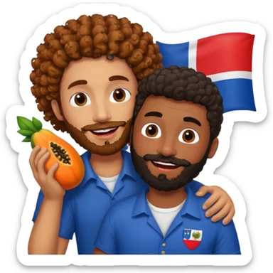A very happy papaya with lipstick and eyelashes hugging a medium dark skinned curly hair man with a beard and Dominican flag on his shirt   sticker