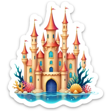 Ariel's underwater castle from The Little Mermaid, golden spires, colorful coral, seashell architecture, bubbles sticker