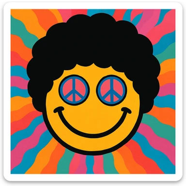 smiley face with an afro, tie-dye background, hippie theme sticker