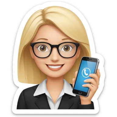 Blonde marketing agent with phone and glasses sticker