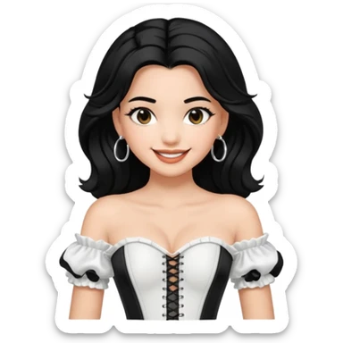generate a pretty bratz emoji that looks like Kareena Kapoor's Geet character. 
Make her wear a puff sleeve off shoulder white top with a black corset over it. silver hoops, black hair open with middle part. smiling big

She should look like Kareena Kapoor sticker