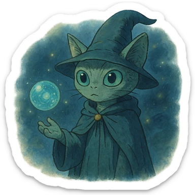 alien cat wizard with a floating orb in a mystical atmosphere sticker