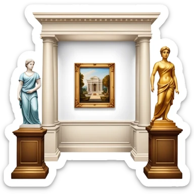 An icon featuring an elegant art gallery with classic paintings hanging on the walls, and sculptures displayed on pedestals. Visitors admire the exhibits, capturing the essence of culture, history, and art. Set against a transparent background. sticker