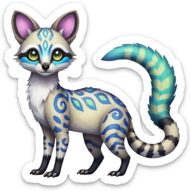 Rare iridescent white exotic epic aesthetic colorful Trico-Genet-species-Fakemon-hybrid-creature, with intricate tattoo markings, full body sticker