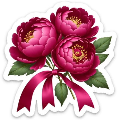 peonies in Persian red color tied with silk aesthetic ribbon of powder raspberry color in glamour vintage theme sticker