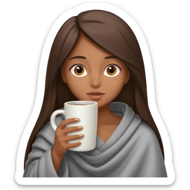 A girl with brown eyes, an ios emoji, long straight hair, wrapped in a gray blanket, and drinking from a New Year's mug sticker