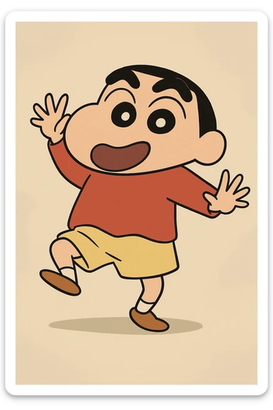 Shin Chan character, playful pose, cartoon style sticker