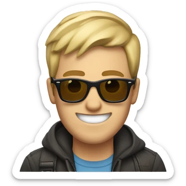 a guy with short blond hair, thick brow, grinning, with rayban wayfarer sticker