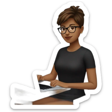Young woman with short brown hair, slightly tanned, wearing a black tshirt and transparent oval glasses, wearing an Apple Watch and working on a MacBook Pro sticker