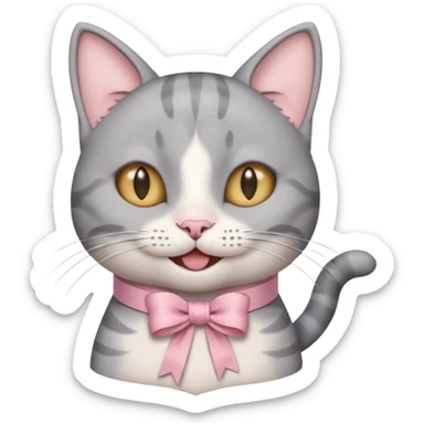 Head of a grey cat, smiling, with a loose ribbon on top of its head sticker