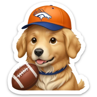 Dog wearing a Broncos hat it’s a golden retriever. The dog is holding a football. sticker