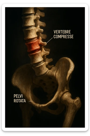 realistic and cinematic anatomical illustration, lateral view showing only compressed vertebrae due to rotated pelvis, clearly highlight compressed vertebrae, detailed anatomy, dramatic clinical lighting, Italian captions, aspect ratio 2:3 sticker