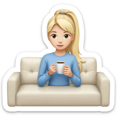 girl with long blonde ponytail relaxing with coffee on white couch sticker