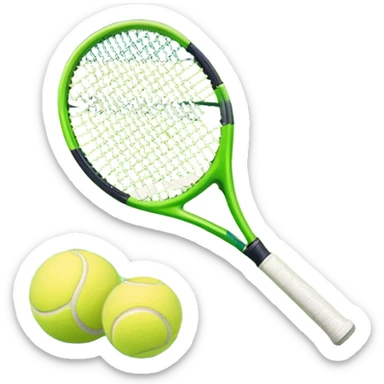 A tennis racket and a ball placed on a grassy court, with the net visible in the background. The scene captures the elegance and energy of the sport, with a vibrant green court and soft sunlight highlighting the equipment. sticker