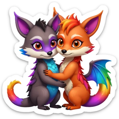 black female raccoon dragon hybrid with rainbow colored wings and purple eyes hugging a red female fox dragon hybrid with rainbow colored wings and orange eyes sticker