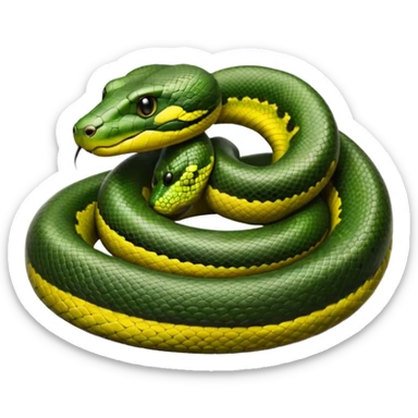 A photo-realistic top-down view of a Green Anaconda tightly coiled in a spiral, with its broad, flat head resting at the center. Its thick, muscular body is olive-green and covered in symmetrical, bold black oval spots that stand out against its smooth scales, creating striking natural camouflage. sticker