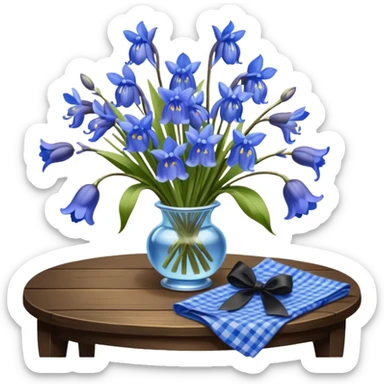 A lush bouquet of bright blue color bluebell black satin ribbon, resting on an antique wooden table, with a pale yellow and pink plaid pattern table cloth sticker