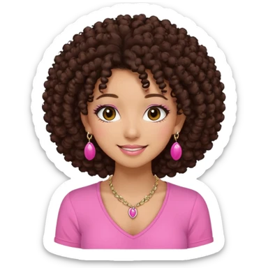 Naturally tan skin girl short darkBrown curly afropink shirt long lashes earrings necklace Brown eyes gyaru smiling closed mouth cute sticker