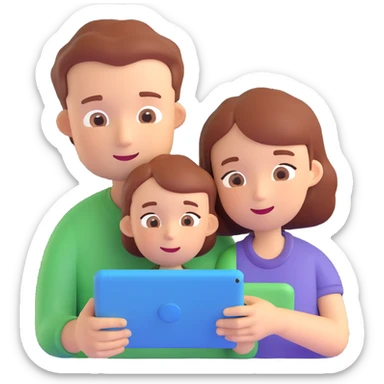 parent and child using a tablet, 3D cartoon style, soft lighting, minimal background sticker