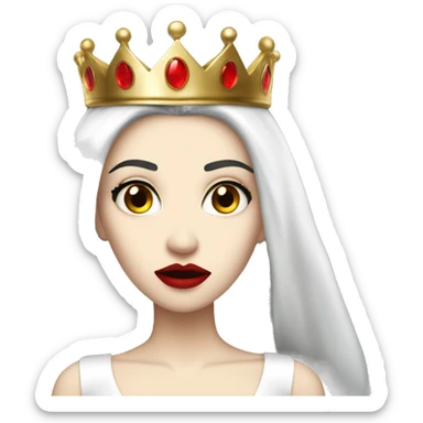Queen with pale skin, long black hair, bright red lips, skinny gold crown, white dress, and evil stare.  sticker