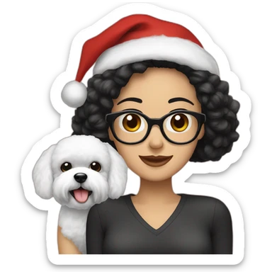 woman-black hair-christmas hat-with glasses-with bichon dog-white-smile sticker
