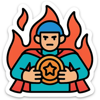 heroic character or silhouette holding a precious object like a coin, NFT, or artifact firmly, surrounded by stylized flames, determined expression, colorful icon with black outlines sticker