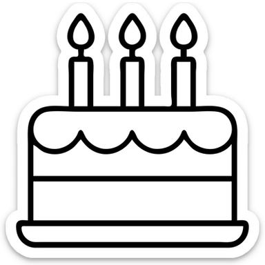 A birthday cake with lit candles and decorative frosting sticker