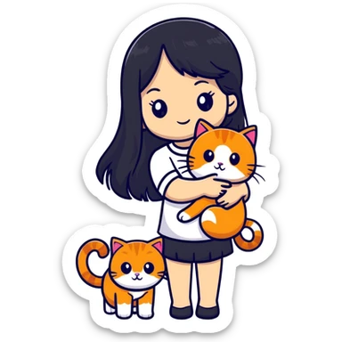 beautiful girl with elegant long black hair holding a cute ginger cat sticker