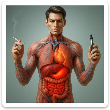 Medical illustration, hyperrealistic 4K, realistic anatomical human body, inflamed liver and intestine highlighted, holding a lit normal cigarette in the right hand and an electronic cigarette in the left hand, clear background, extremely detailed, same lighting and style as the provided reference image. sticker