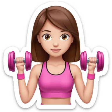 beautiful girl with brown hairs in sport wear in her hands is dumbbells her skin was light and hairs too and her sport wear was pink  sticker