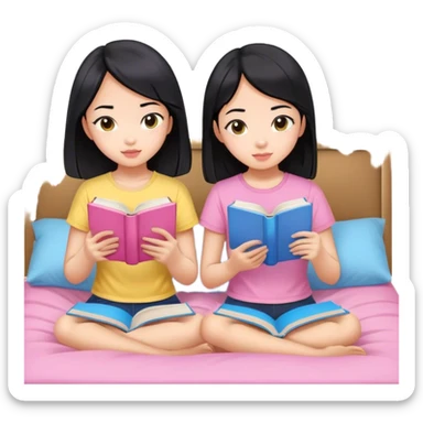 two asian girls black hair on the bed pink and yellow top reading blue books sticker