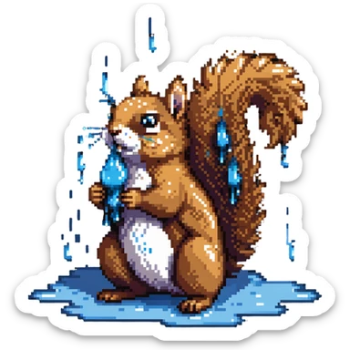 Pixel art squirrel with distinct brown fur, bushy tail, and obvious blue drool dripping from mouth in multiple pixel droplets sticker