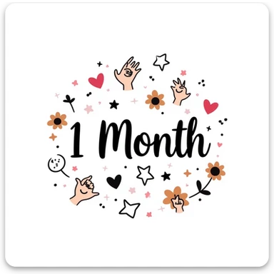 A cute pastel celebration design with sparkles and hearts, featuring "1 Month" in elegant handwriting, surrounded by friendship symbols like stars, pinky promise hands, smiling faces, and flowers. Warm and magical like a scrapbook memory collage for celebrating friendship. sticker