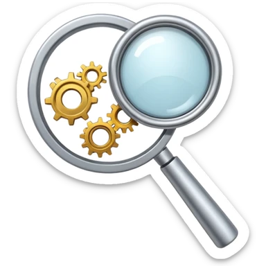 mechanical magnifying glass with gears and metal parts, bright and simple, emoji style, no text sticker