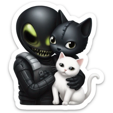 black xenomorph hugs a white cat sticker