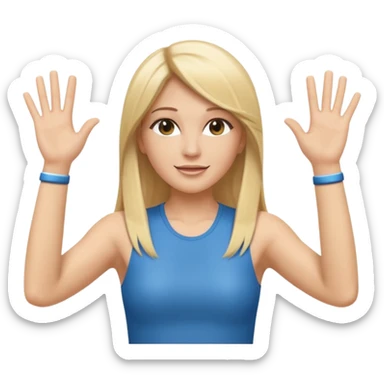 I want a white female dj animated gif emoji with long straight blonde hair putting hands up in the air. Wearing a tight no sleeve top  sticker