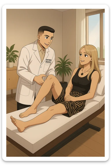 fai un webtoon/manga a colori con questo kinesiologo in camice bianco (fagli la scritta "ANTONIO ANANIA" SUL CAMICE) CHE SVOLGE UN TEST NEUROMUSCOLARE SOLLEVANDO UNA GAMBA ALLA RAGAZZA CHE è STESA SU UN LETTINO BIANCO. STANZA SEMPLICE E MODERNA, DURANTE IL TEST I DUE DIALOGANO TRA LORO. NON FARE I FUMETTI, FAI SOLO LORO COME SE DIALOGASSERO sticker
