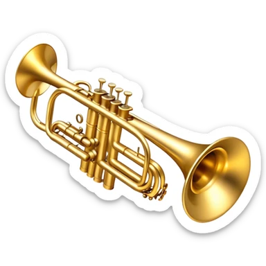 Cinematic Realistic Trumpet, rich golden brass with subtle tarnish marks, soft highlights emphasizing the intricate details, warm reflections of stage lighting bouncing off the metal, glowing with bold and triumphant energy. sticker