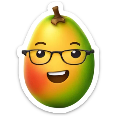 A beautifully colored mango but it has a cute little face and slight smile and nerdy glasses sticker