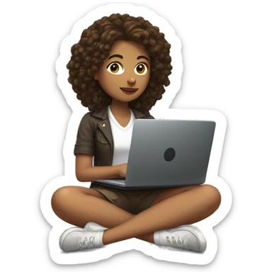 a young brunette and curly woman sitting cross-legged with her laptop on her lap sticker