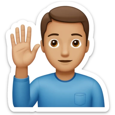 Man holding hands to the side, above left hand floats the number 6, above right hand floats the number 7 sticker