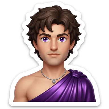 Dionysus from Greek Mythology with purple eyes, dark brown hair, deep purple metallic toga, silver necklace sticker