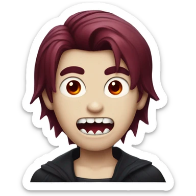 a vampire boy with burgundy hair, fangs and red eyes sticker